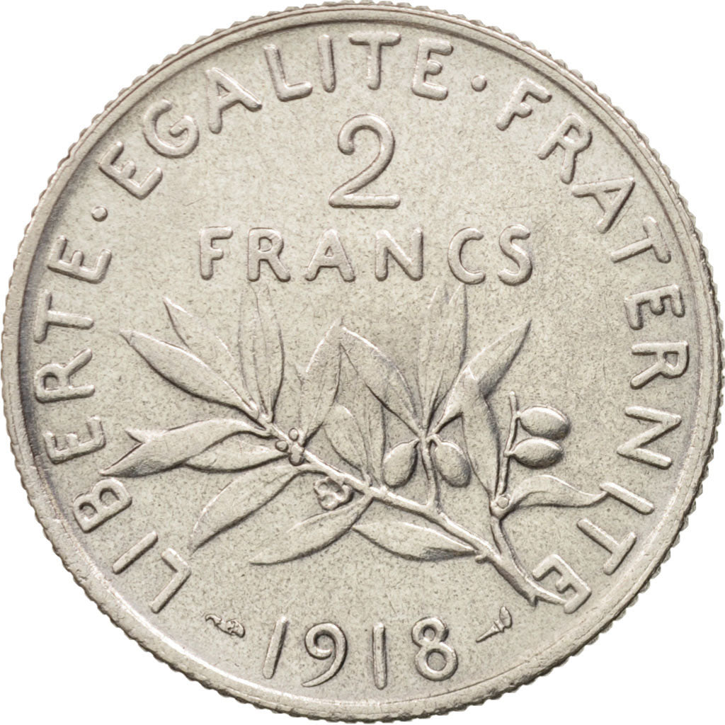 France, Semeuse, 2 Francs, 1918, Paris, EF(40-45), Silver, KM:845.1, Gadoury:532