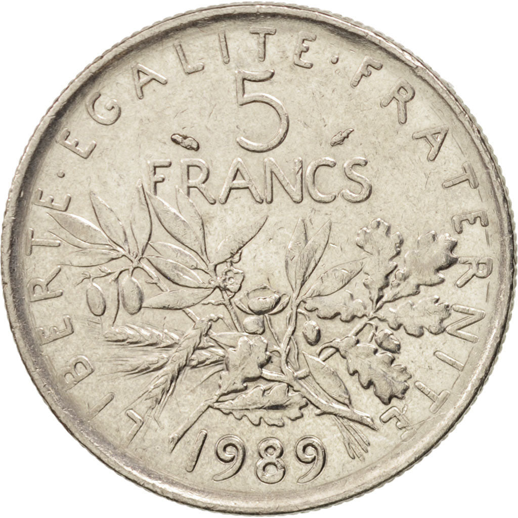 France, Semeuse, 5 Francs, 1989, Paris, AU(50-53), Nickel Clad Copper-Nickel