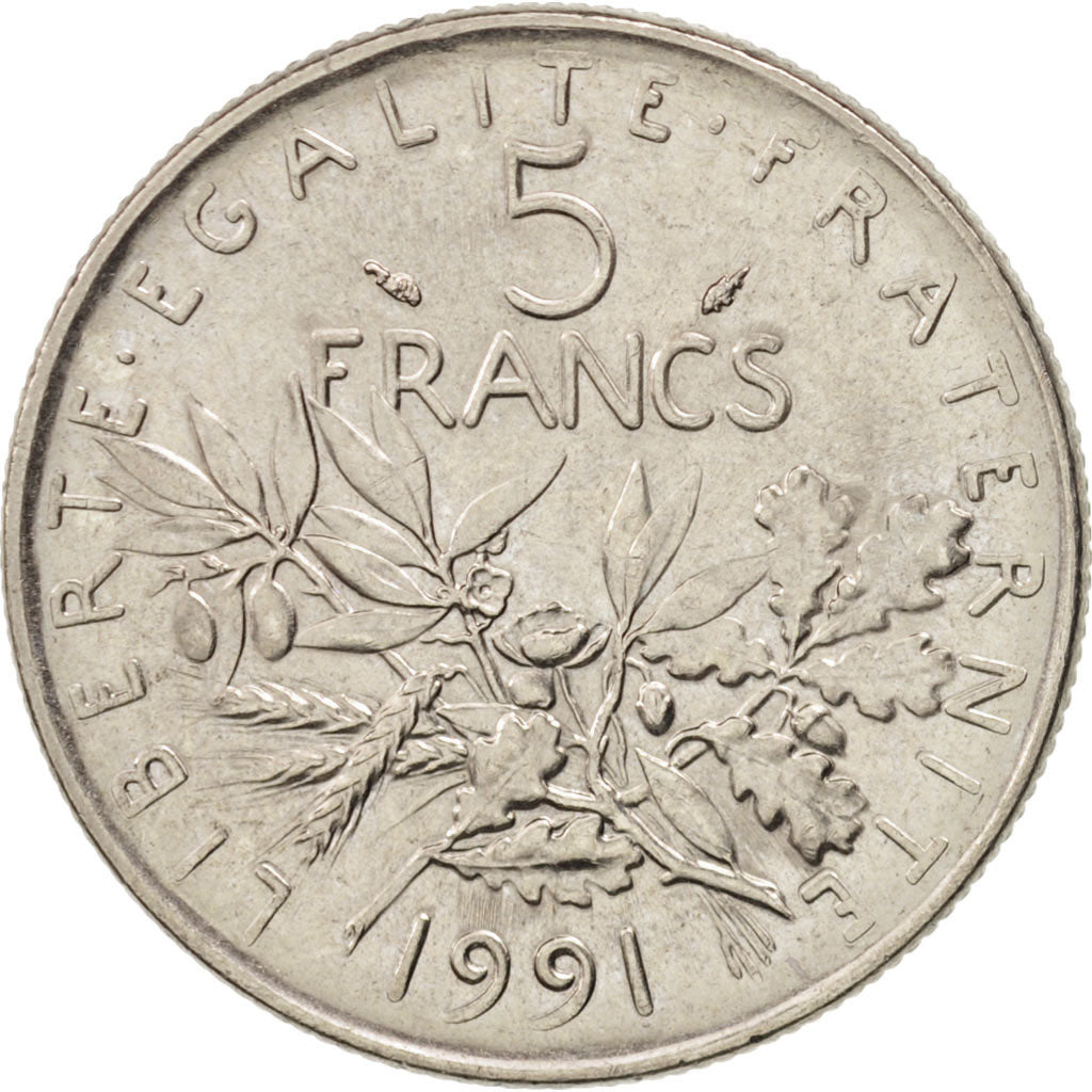 France, Semeuse, 5 Francs, 1991, Paris, AU(55-58), Nickel Clad Copper-Nickel,...