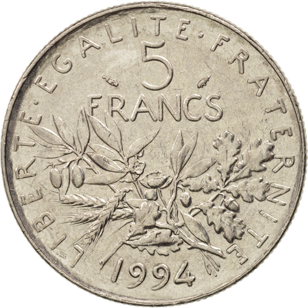 France, Semeuse, 5 Francs, 1994, Paris, AU(50-53), Nickel Clad Copper-Nickel