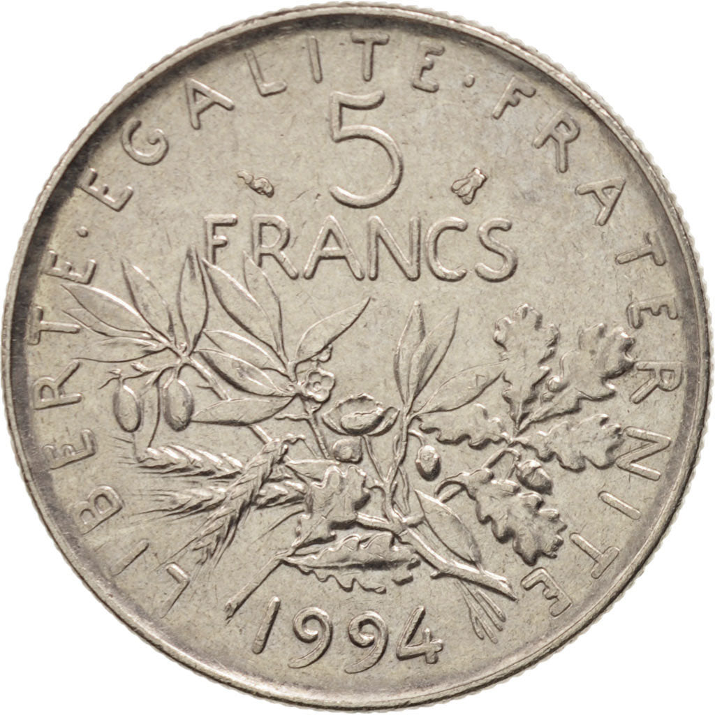 France, Semeuse, 5 Francs, 1994, Paris, AU(50-53), Nickel Clad Copper-Nickel