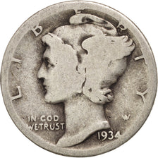 United States, Mercury Dime, Dime, 1934, U.S. Mint, Philadelphia, F(12-15)