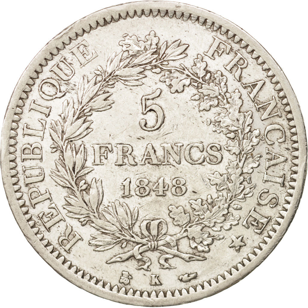 Moneda, Francia, Hercule, 5 Francs, 1848, Bordeaux, BC+, Plata, KM:756.4
