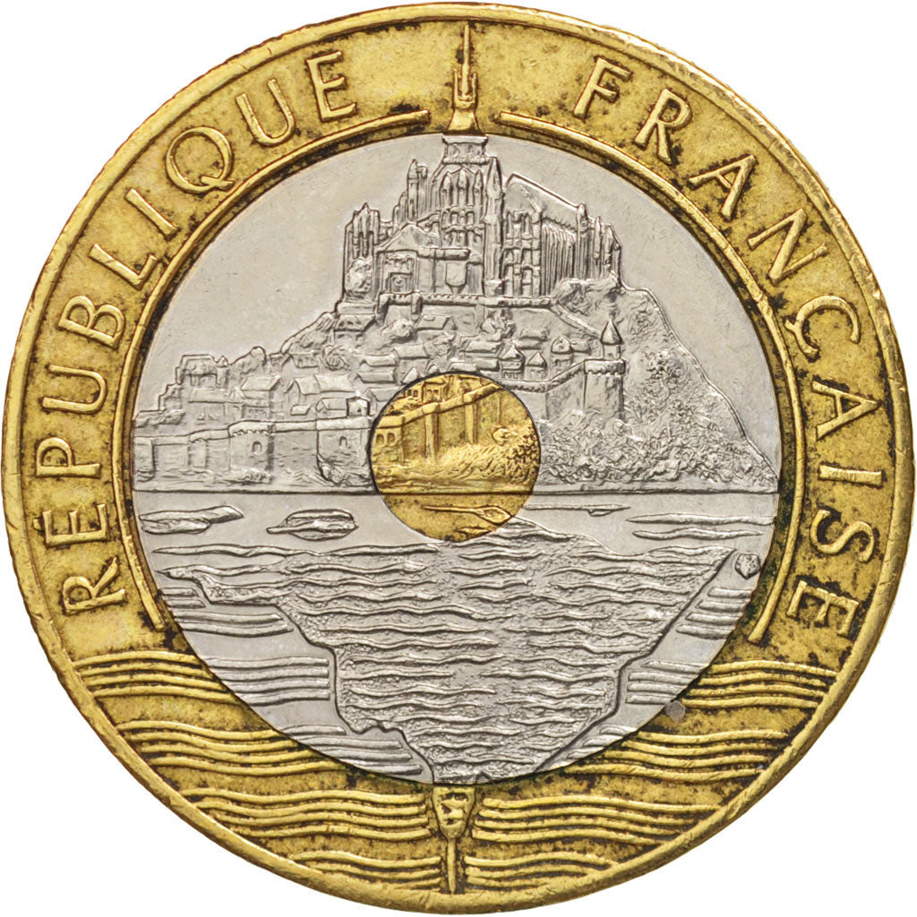 France, Mont Saint Michel, 20 Francs, 1993, AU(50-53), Tri-Metallic, KM:1008.2