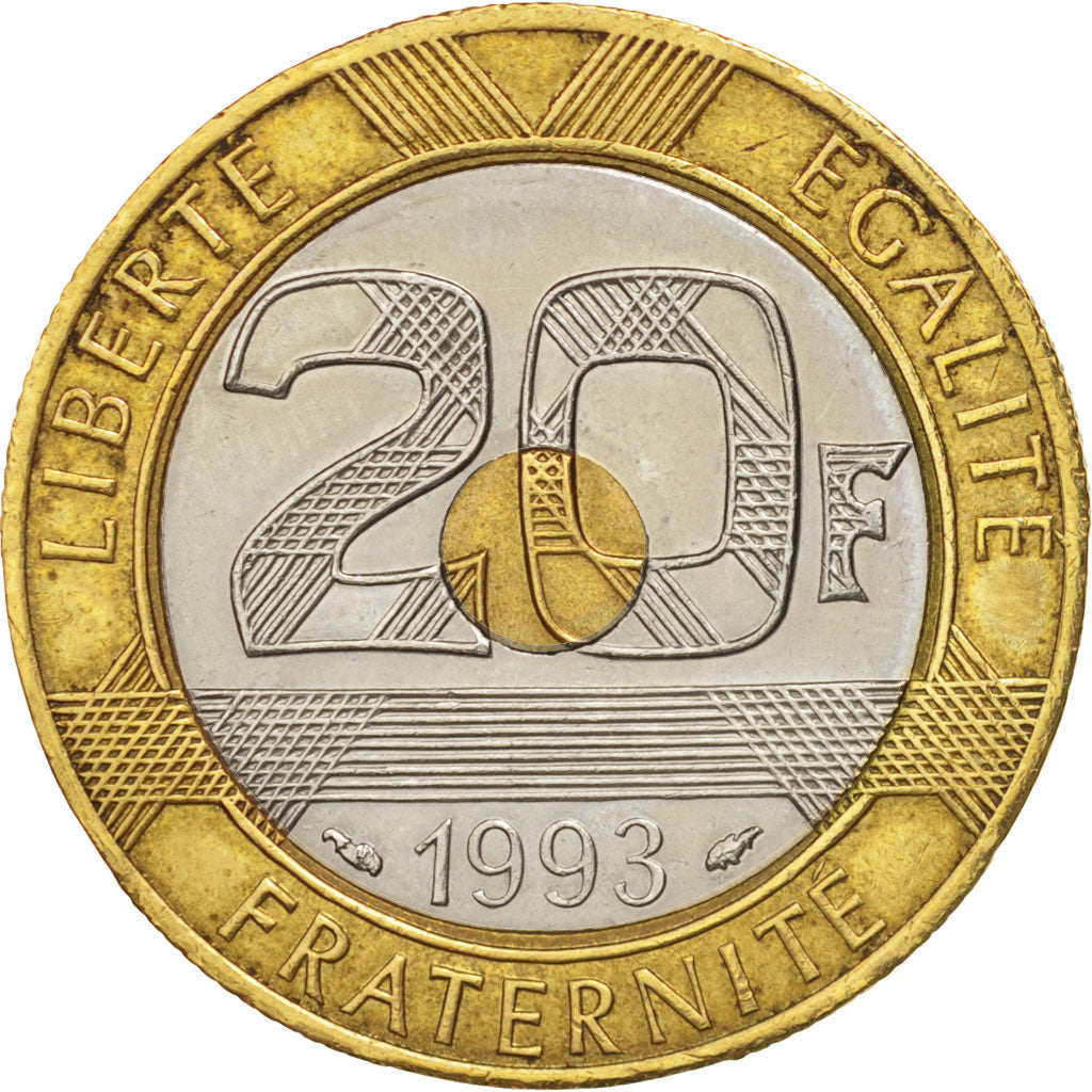 France, Mont Saint Michel, 20 Francs, 1993, AU(50-53), Tri-Metallic, KM:1008.2