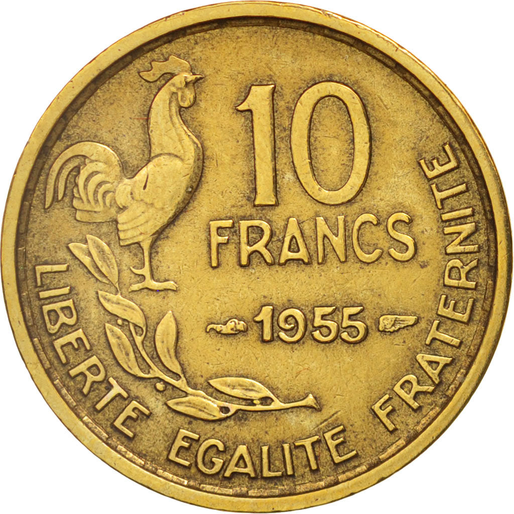 Moneda, Francia, Guiraud, 10 Francs, 1955, Paris, MBC+, Aluminio - bronce