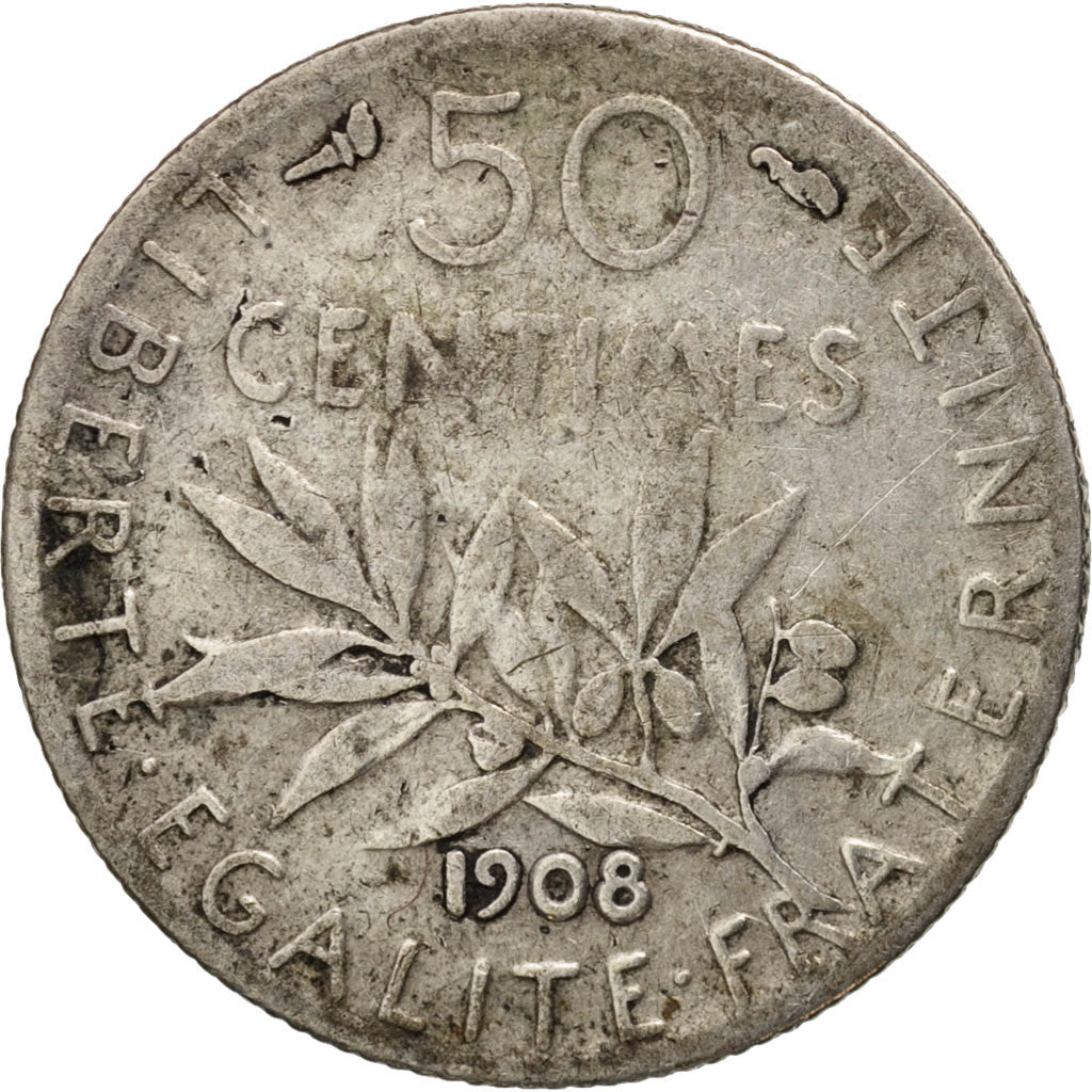 France, Semeuse, 50 Centimes, 1908, Paris, VF(30-35), Silver, KM:854