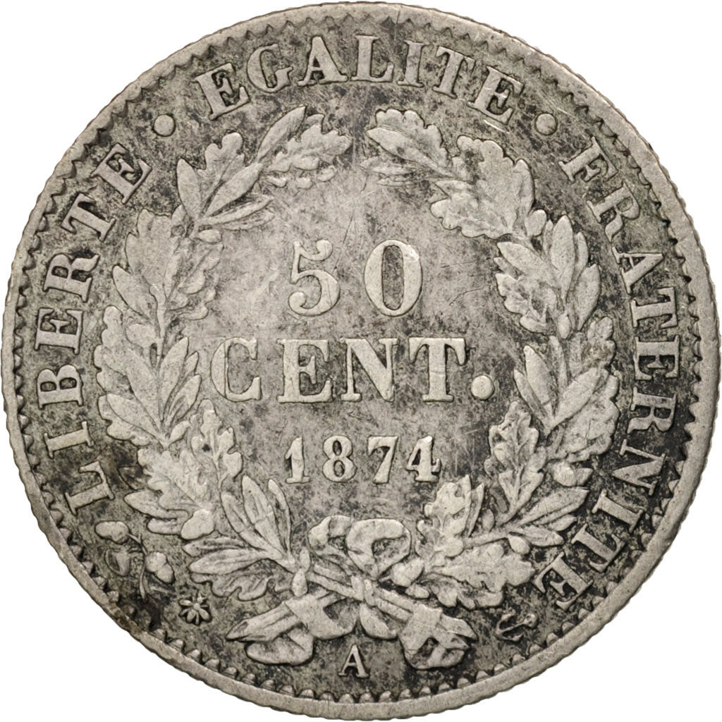 Coin, France, Cérès, 50 Centimes, 1874, Paris, VF(30-35), Silver, KM:834.1