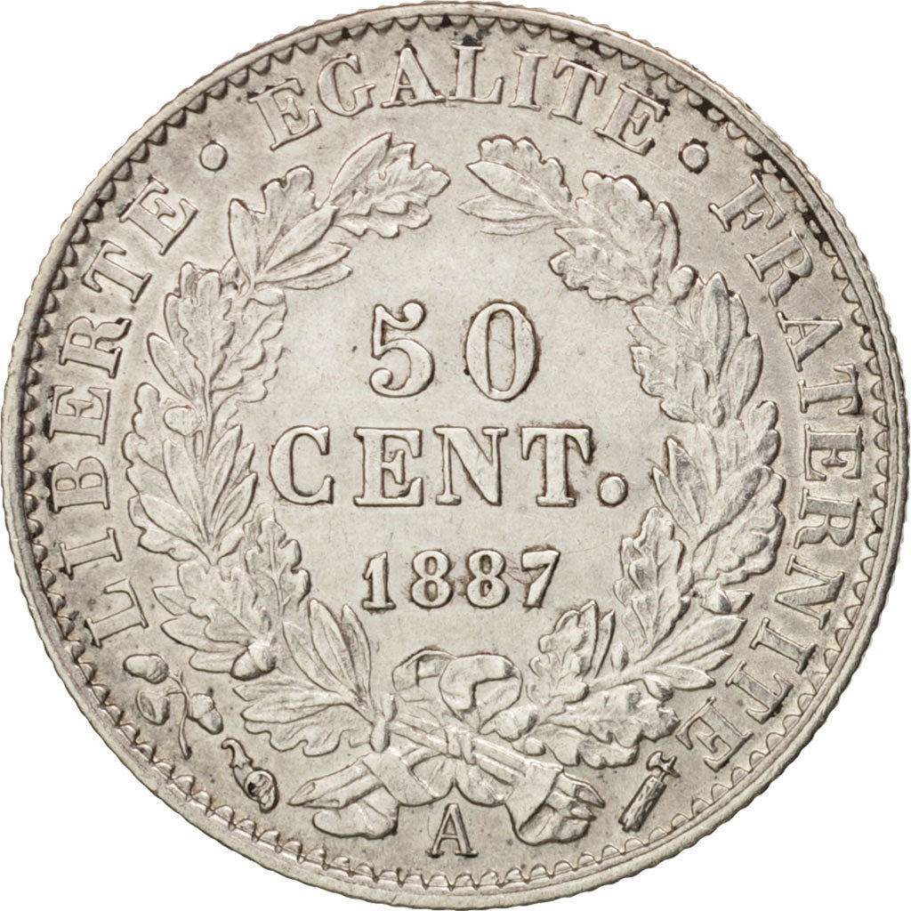 France, Cérès, 50 Centimes, 1887, Paris, AU(55-58), Silver, KM:834.1