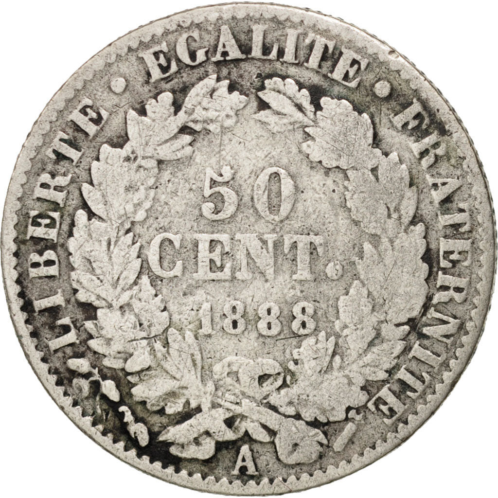 France, Cérès, 50 Centimes, 1888, Paris, VF(20-25), Silver, KM:834.1