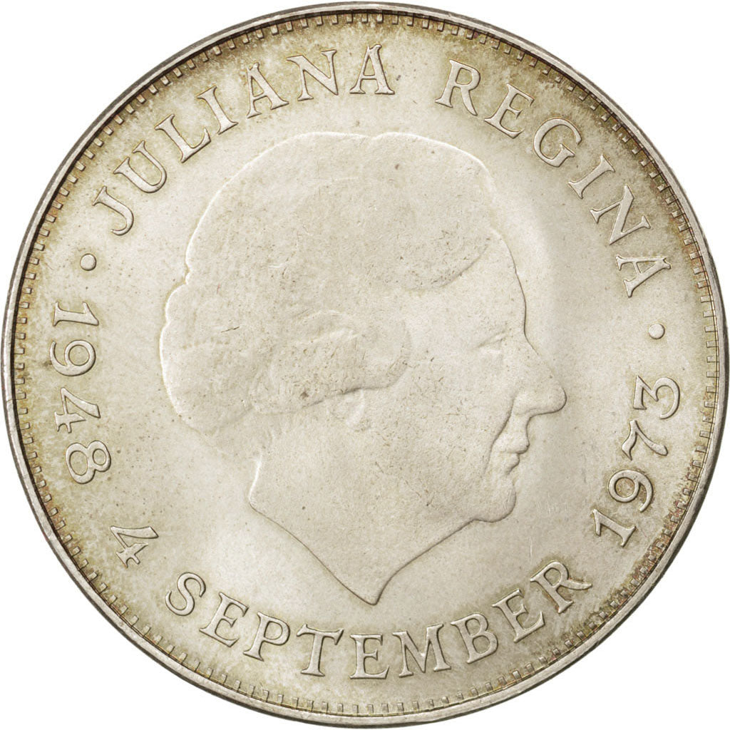 NETHERLANDS, 10 Gulden, 1973, KM #196, MS(63), Silver, 38, 24.94