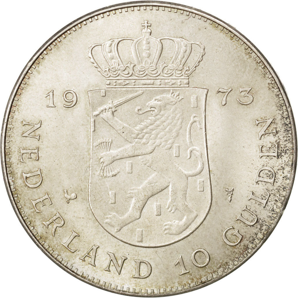 NETHERLANDS, 10 Gulden, 1973, KM #196, MS(63), Silver, 38, 24.94