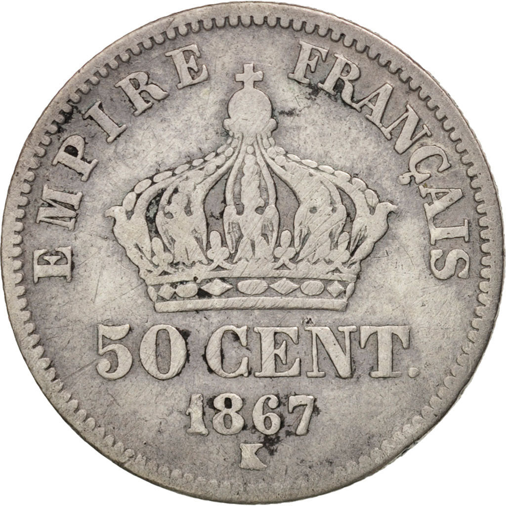 France, Napoleon III, Napoléon III, 50 Centimes, 1867, Bordeaux, VF(20-25)