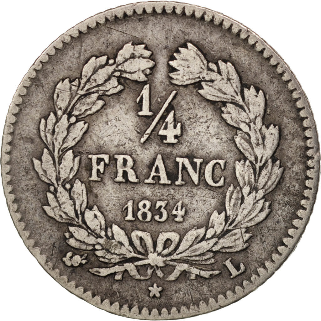 Coin, France, Louis-Philippe, 1/4 Franc, 1834, Bayonne, VF(30-35), Silver