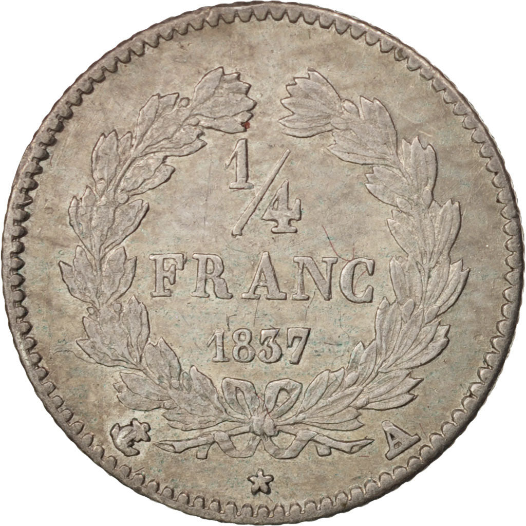 France, Louis-Philippe, 1/4 Franc, 1837, Paris, AU(50-53), Silver, KM:740.1