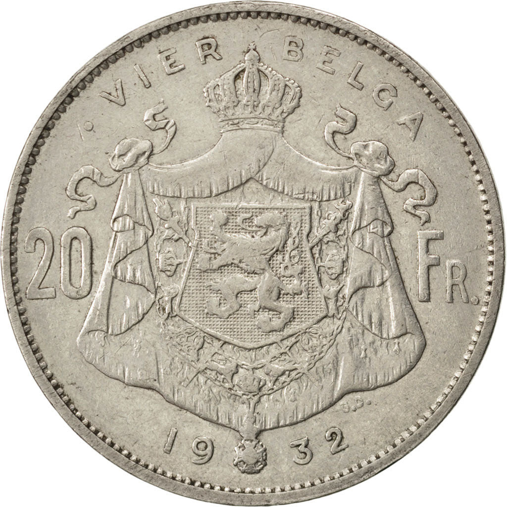 Belgio, 20 Francs, 20 Frank, 1932, BB, Nichel, KM:102