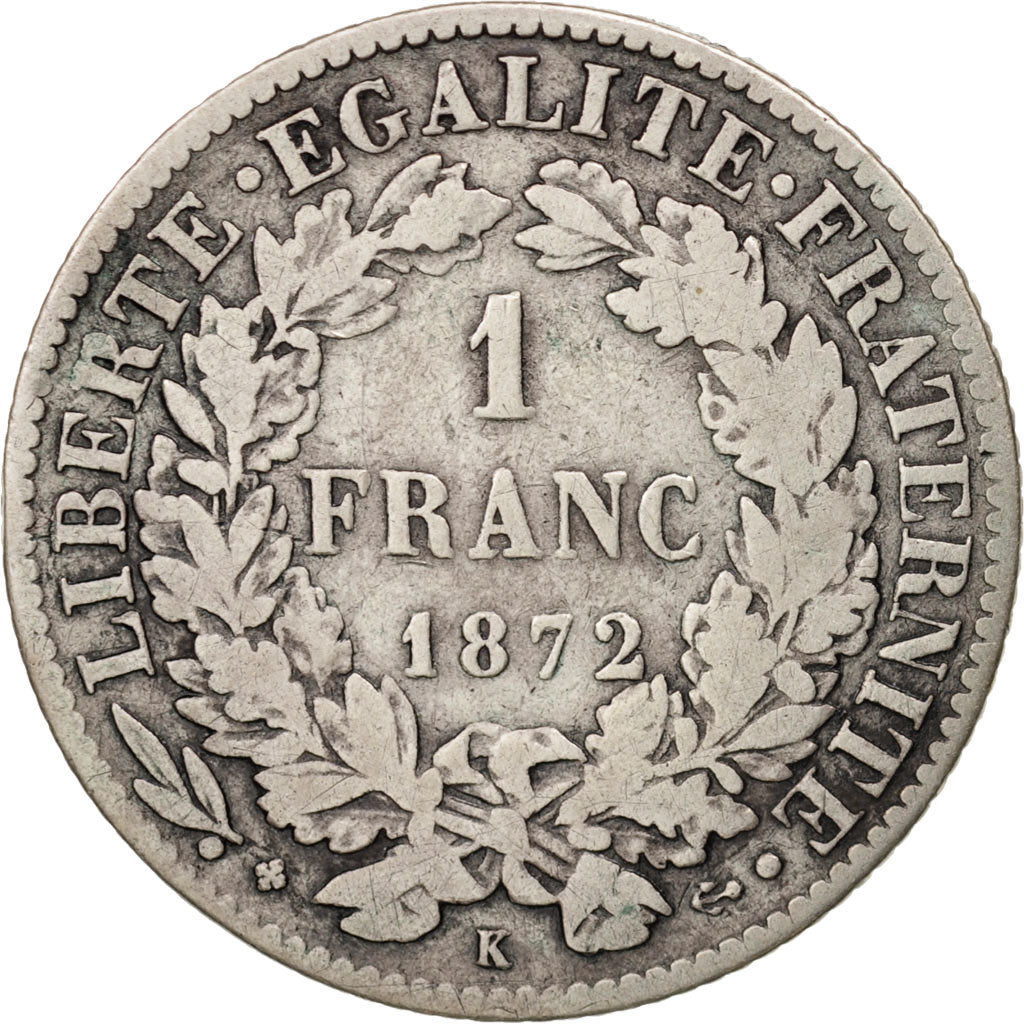 France, Cérès, Franc, 1872, Bordeaux, VF(20-25), Silver, KM:822.2