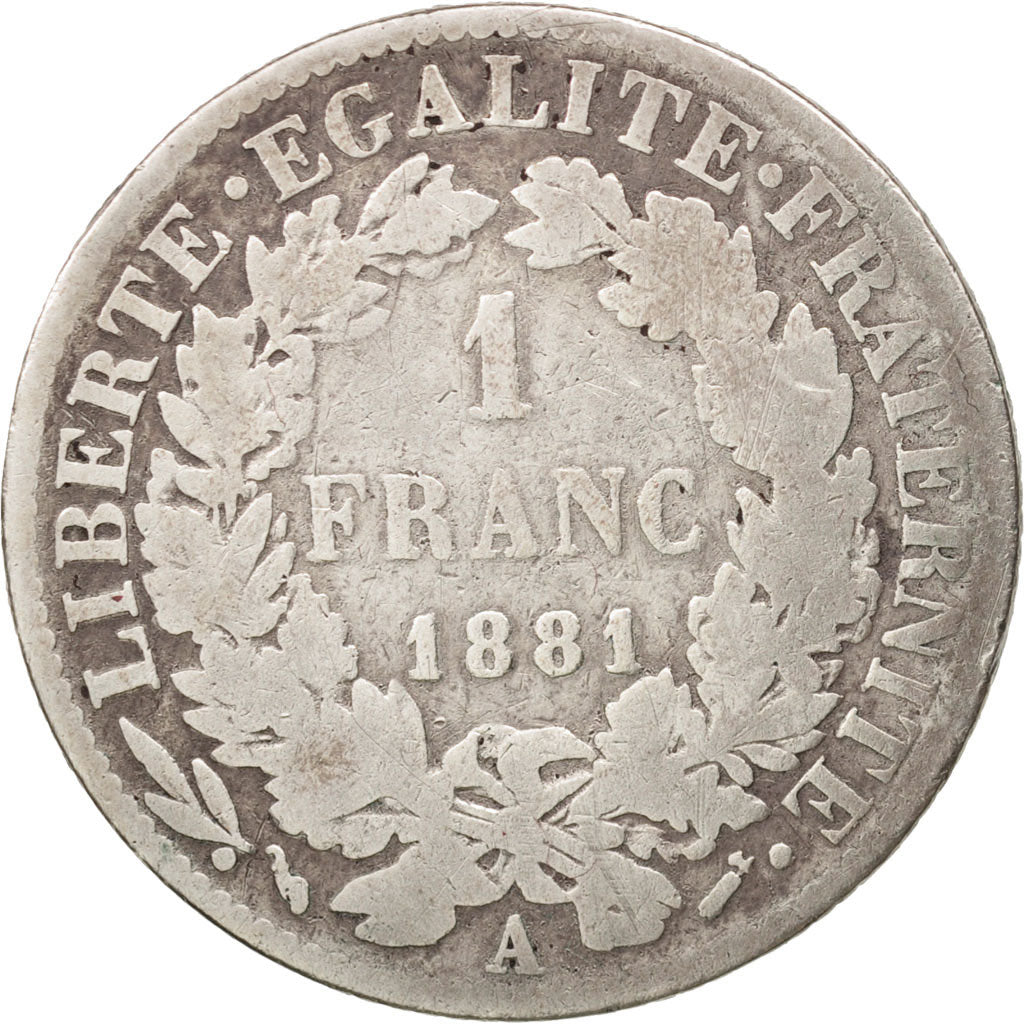 France, Cérès, Franc, 1881, Paris, VF(20-25), Silver, KM:822.1, Gadoury:465a