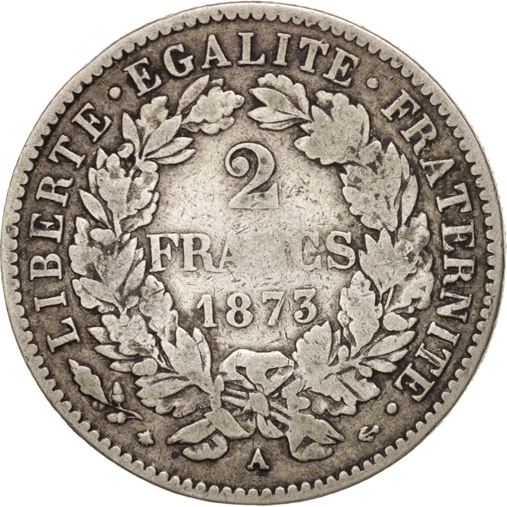 Moneda, Francia, Cérès, 2 Francs, 1873, Paris, BC+, Plata, KM:817.1