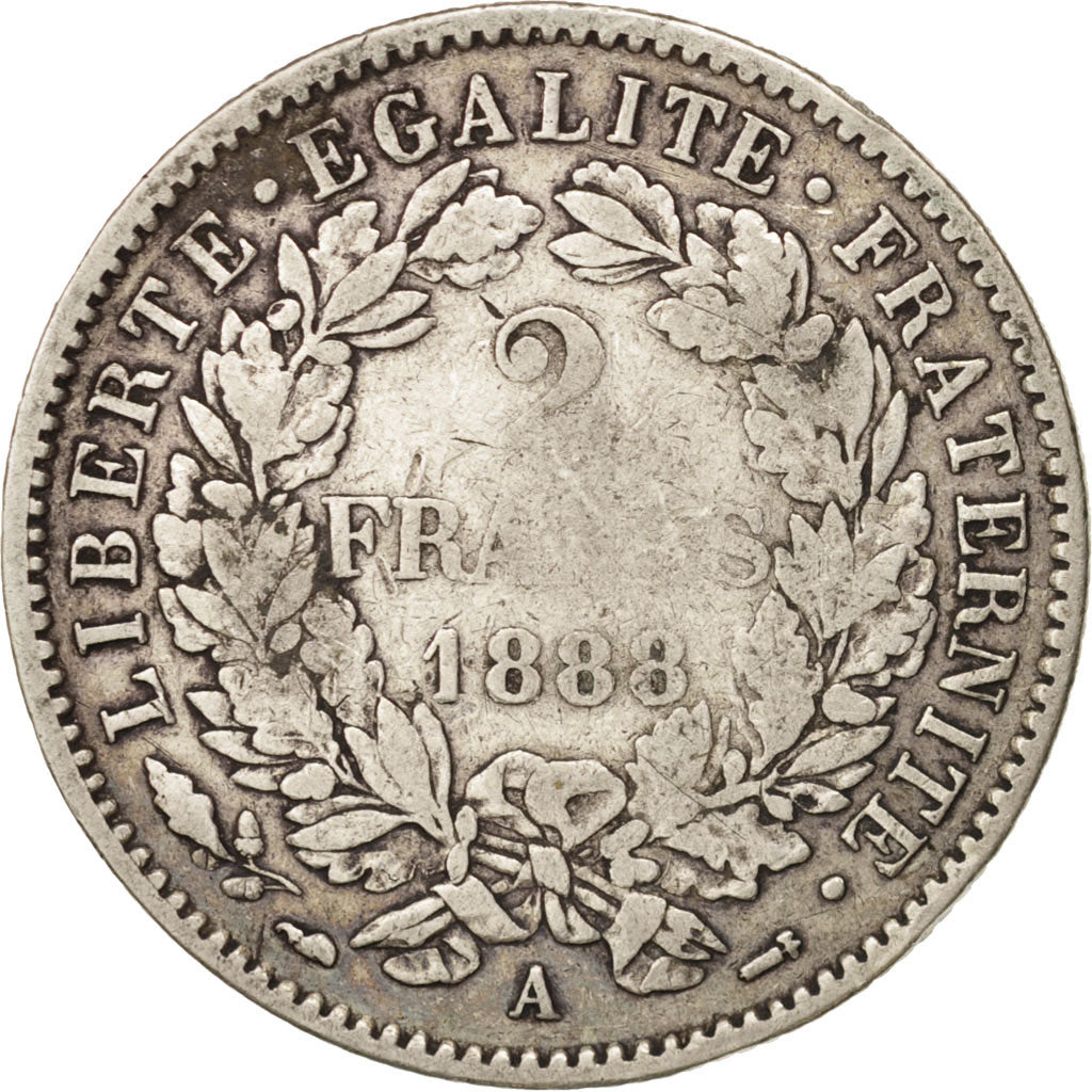 Moneda, Francia, Cérès, 2 Francs, 1888, Paris, BC+, Plata, KM:817.1