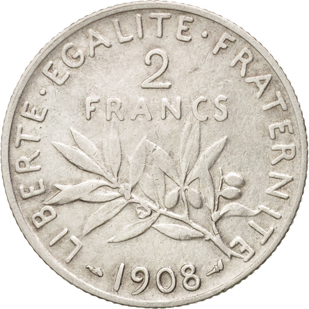 France, Semeuse, 2 Francs, 1908, Paris, VF(20-25), Silver, KM:845.1, Gadoury:532