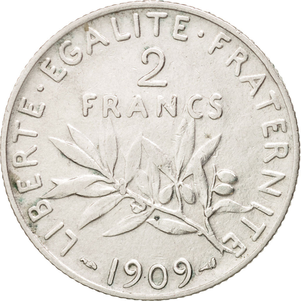 France, Semeuse, 2 Francs, 1909, Paris, VF(30-35), Silver, KM:845.1, Gadoury:532