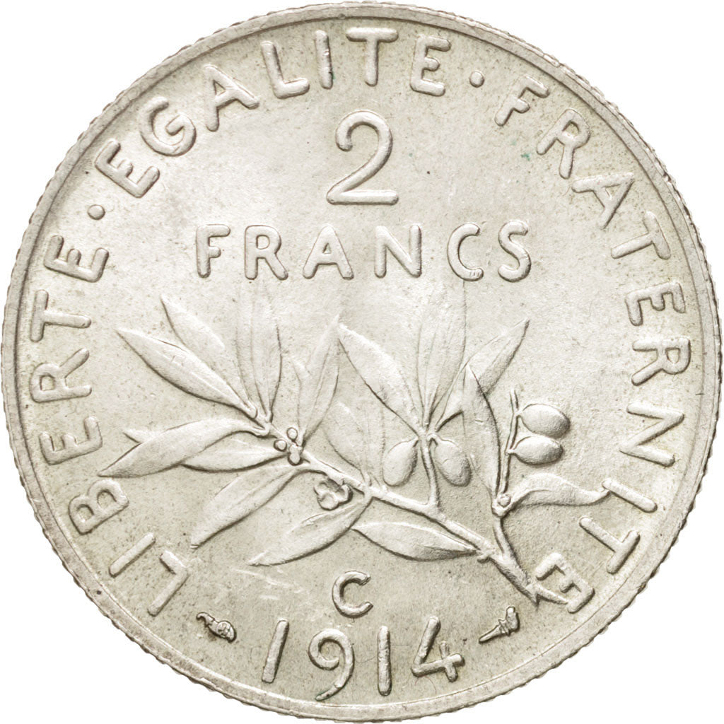 France, Semeuse, 2 Francs, 1914, Castelsarrasin, AU(50-53), Silver, KM:845.2