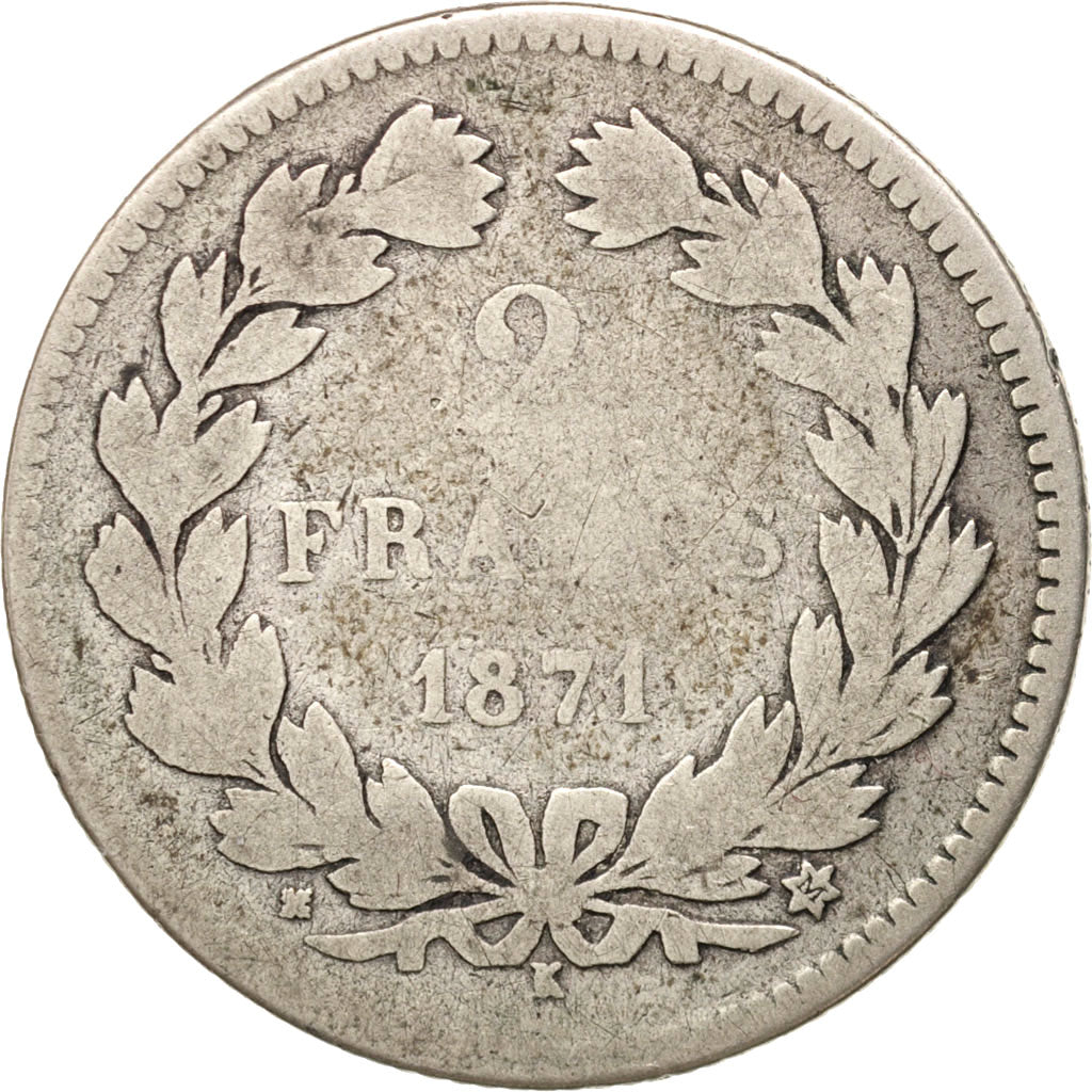 France, Cérès, 2 Francs, 1871, Bordeaux, VG(8-10), Silver, KM:816.2