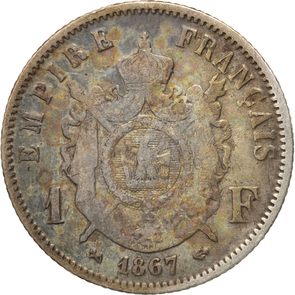 France, Napoleon III, Napoléon III, Franc, 1867, Bordeaux, VF(30-35), Silver