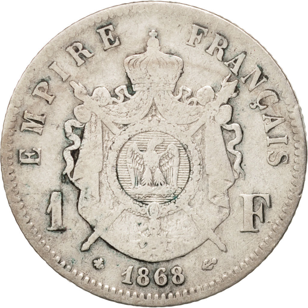 France, Napoleon III, Napoléon III, Franc, 1868, Paris, VF(20-25), Silver