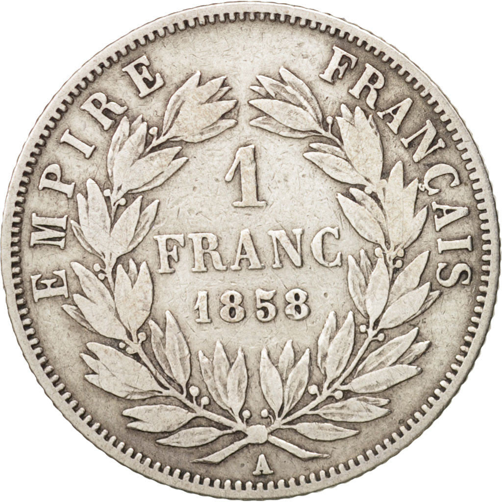 France, Napoleon III, Napoléon III, Franc, 1858, Paris, VF(20-25), Silver