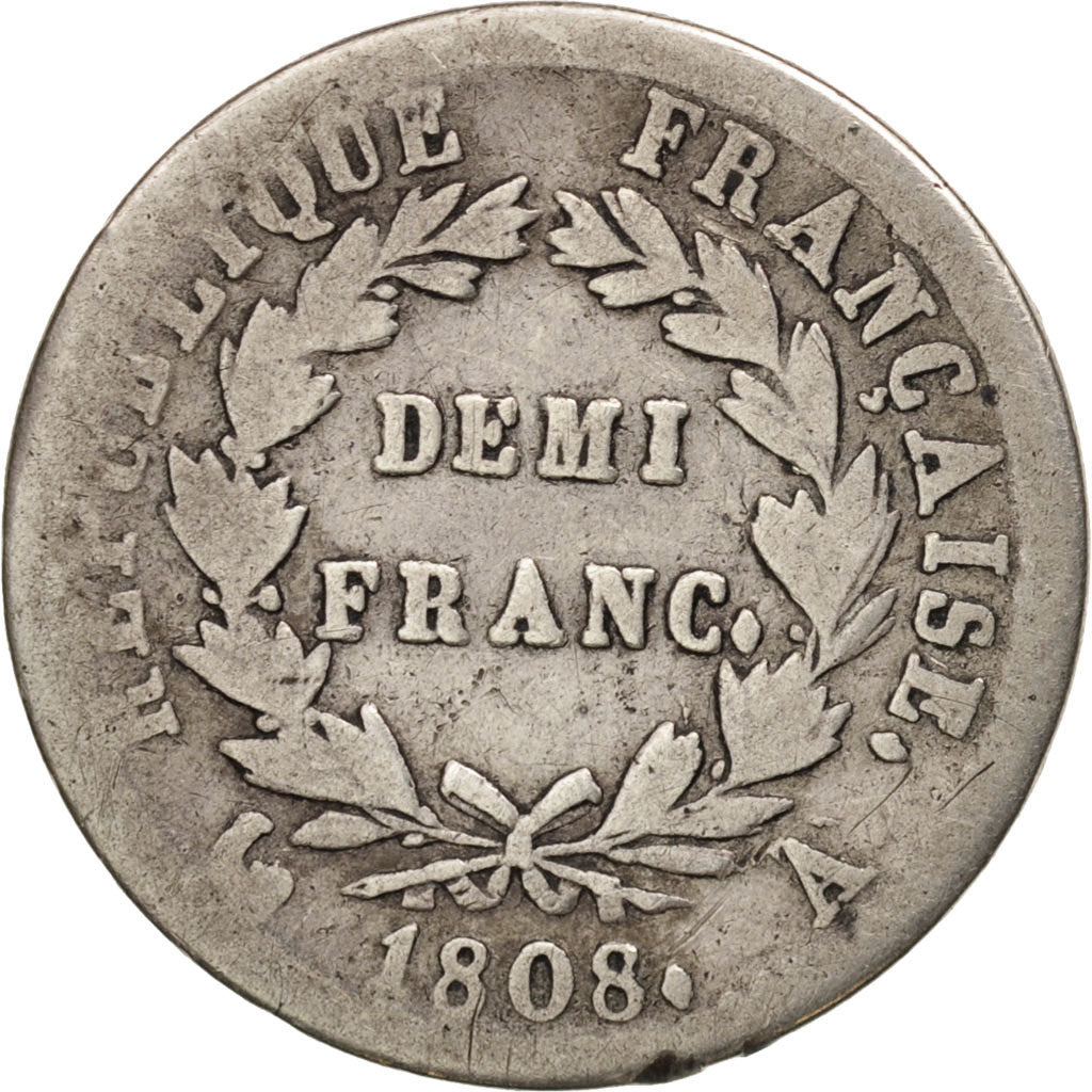 France, Napoléon I, 1/2 Franc, 1808, Paris, VF(20-25), Silver, KM:680.1
