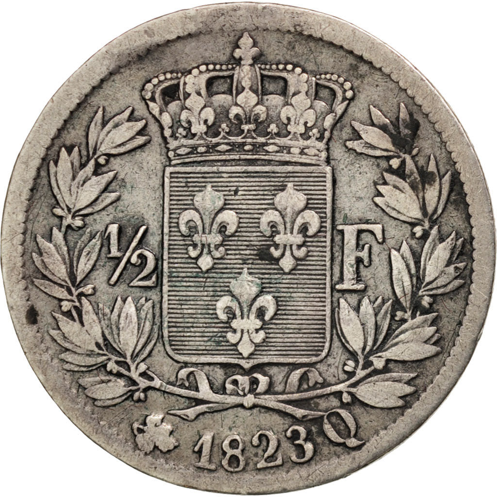 France, Louis XVIII, 1/2 Franc, 1823, Perpignan, VF(30-35), Silver, KM:708.9
