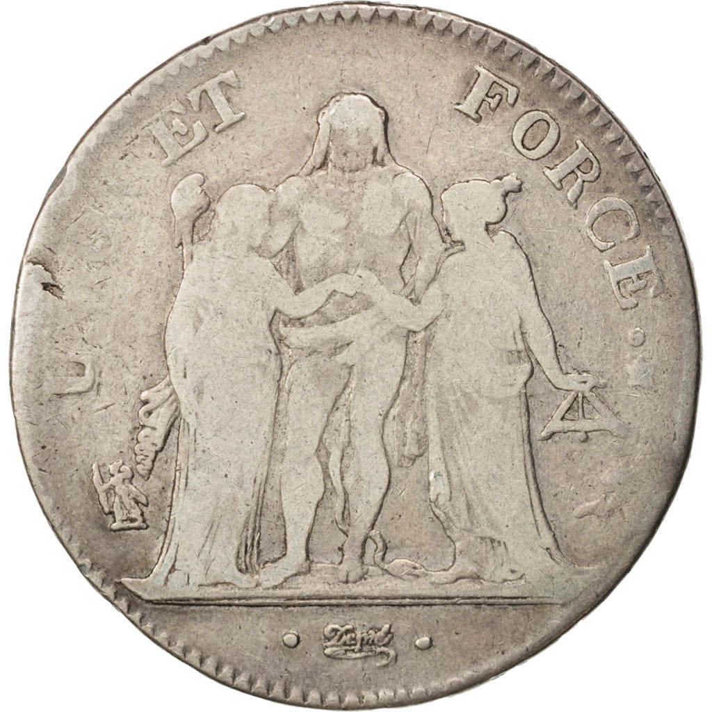 France, Union et Force, 5 Francs, 1795, Paris, F(12-15), Silver, KM:639.1, Ga...