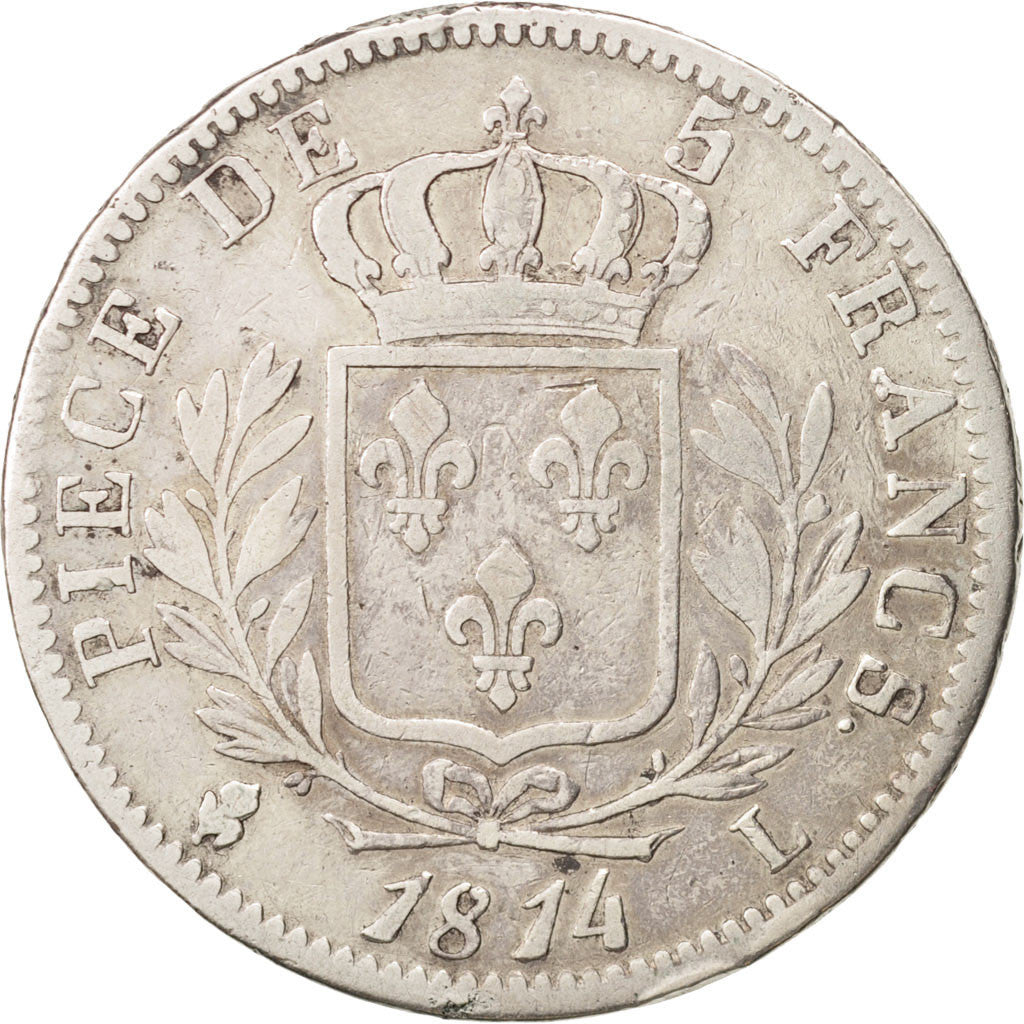 France, Louis XVIII, Louis XVIII, 5 Francs, 1814, Bayonne, VF(20-25), Silver