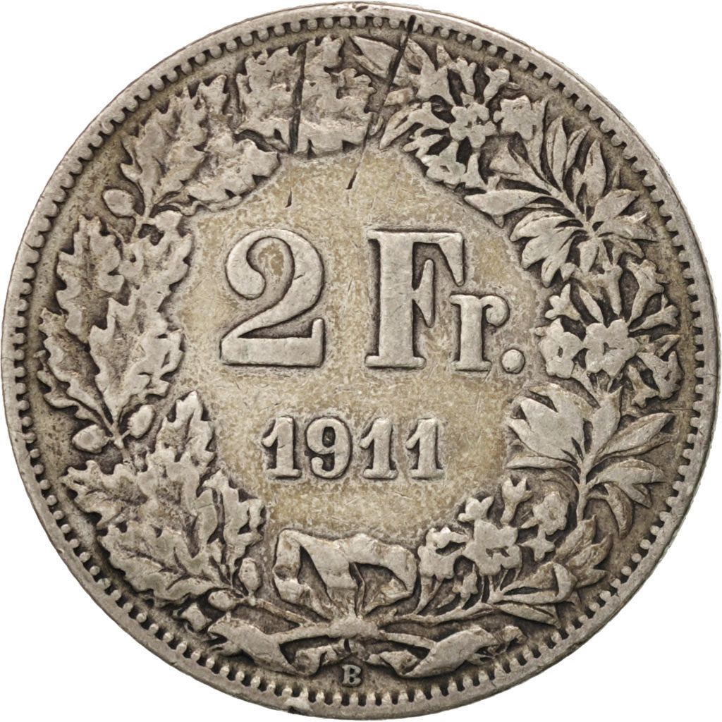 Switzerland, 2 Francs, 1911, Bern, VF(20-25), Silver, KM:21