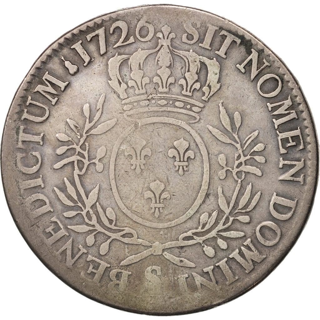 France, Louis XV, Écu aux branches d'olivier, Ecu, 1726, Reims, VF(20-25)