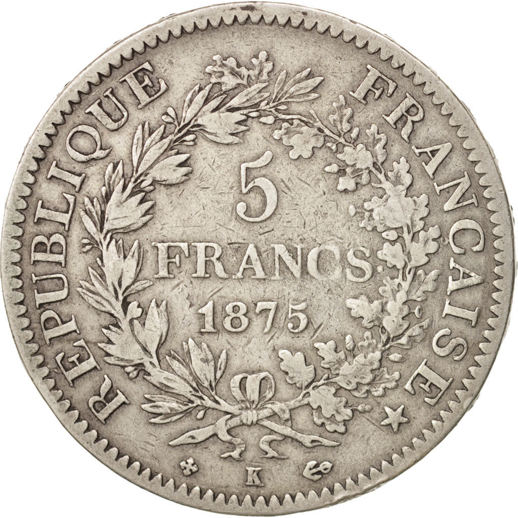 Moneda, Francia, Hercule, 5 Francs, 1875, Bordeaux, BC+, Plata, KM:820.2