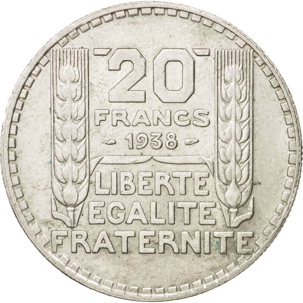 France, Turin, 20 Francs, 1938, Paris, AU(50-53), Silver, KM:879, Gadoury:852