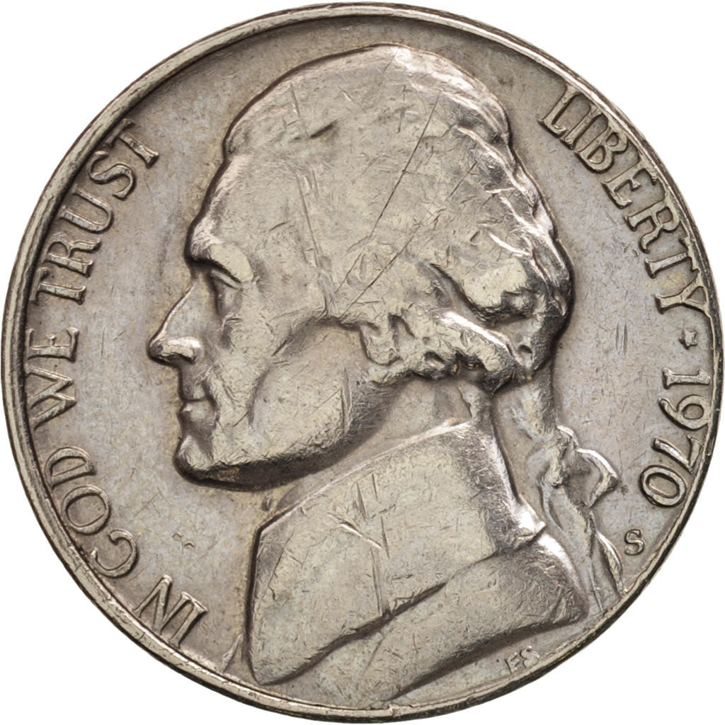 Coin, United States, Jefferson Nickel, 5 Cents, 1970, U.S. Mint, San Francisco
