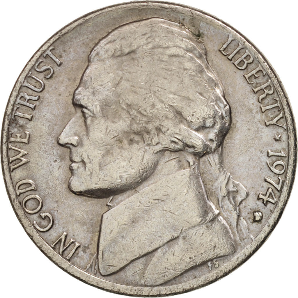 Coin, United States, Jefferson Nickel, 5 Cents, 1974, U.S. Mint, Denver