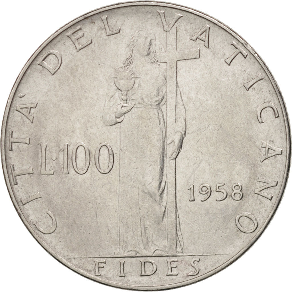 VATICAN CITY, Pius XII, 100 Lire, 1958, Roma, AU(50-53), Stainless Steel, KM:55