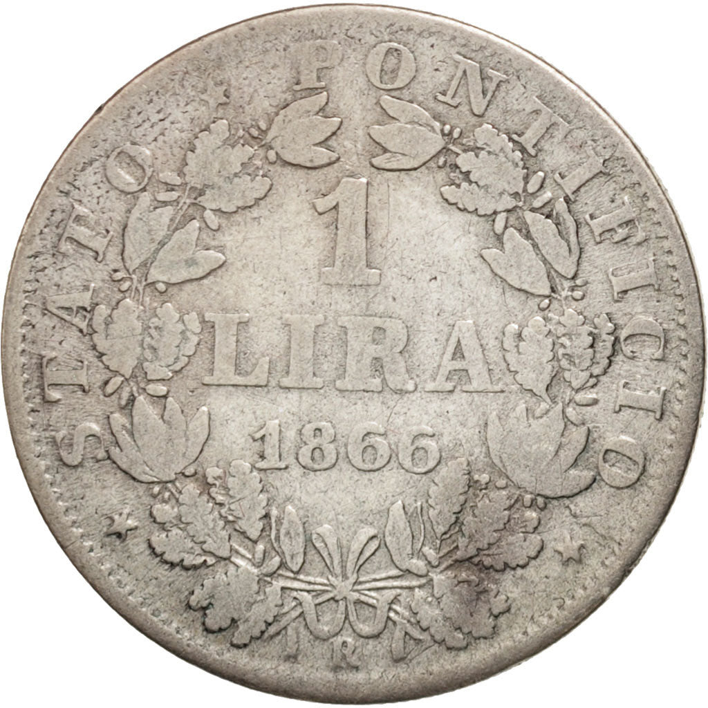 ITALIAN STATES, PAPAL STATES, Pius IX, Lira, 1866, Rome, VF(30-35), Silver