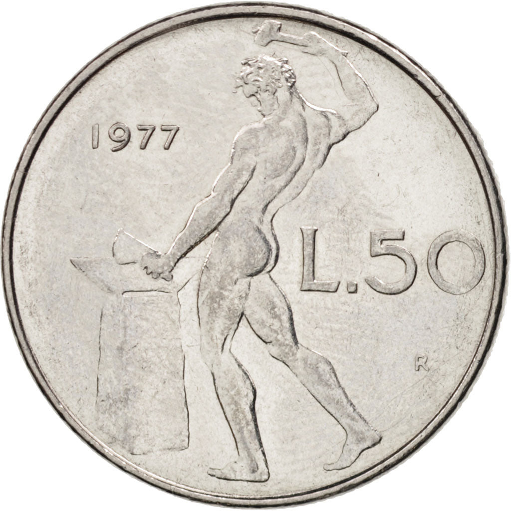Coin, Italy, 50 Lire, 1977, Rome, AU(50-53), Stainless Steel, KM:95.1