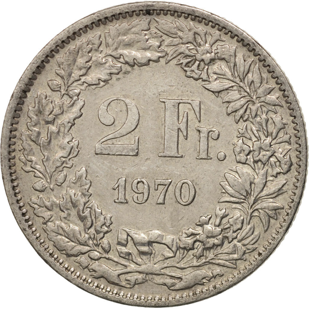 Moneta, Szwajcaria, 2 Francs, 1970, Bern, AU(50-53), Miedź-Nikiel, KM:21a.1
