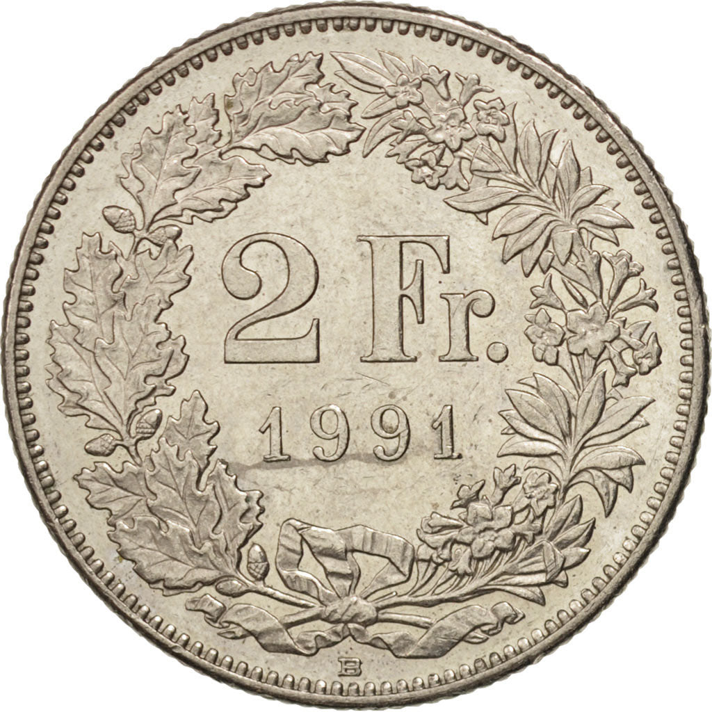 Switzerland, 2 Francs, 1991, Bern, MS(60-62), Copper-nickel, KM:21a.3