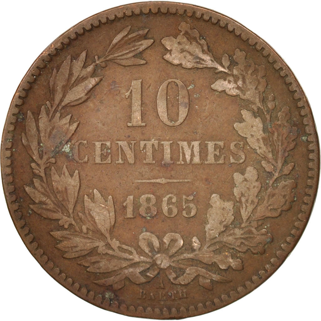 Luxembourg, William III, 10 Centimes, 1865, Paris, VF(20-25), Bronze, KM:23.2