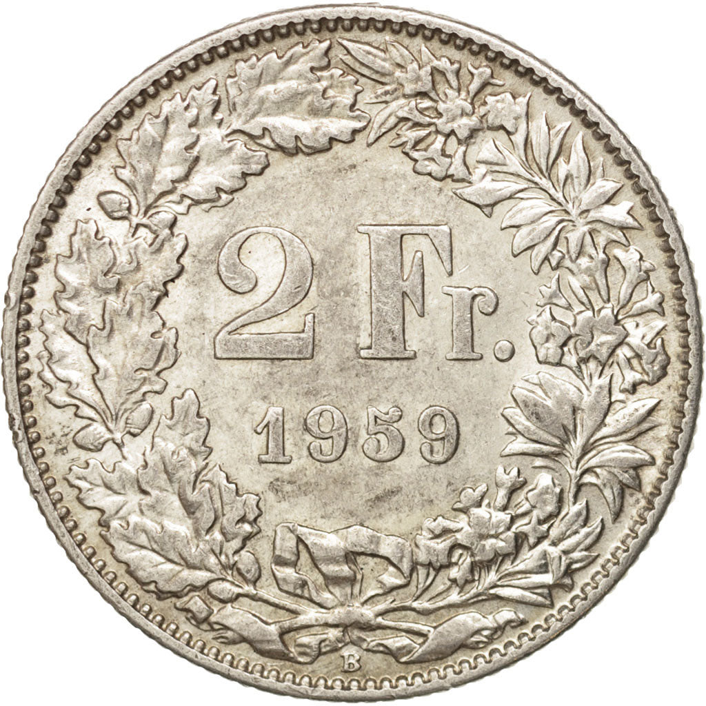 Switzerland, 2 Francs, 1959, Bern, AU(55-58), Silver, KM:21