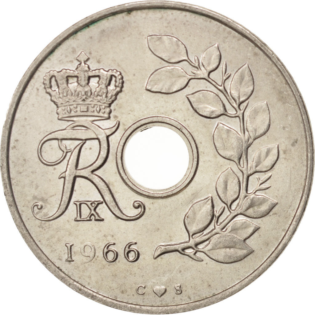 Coin, Denmark, Frederik IX, 25 Öre, 1966, Copenhagen, MS(63), Copper-nickel