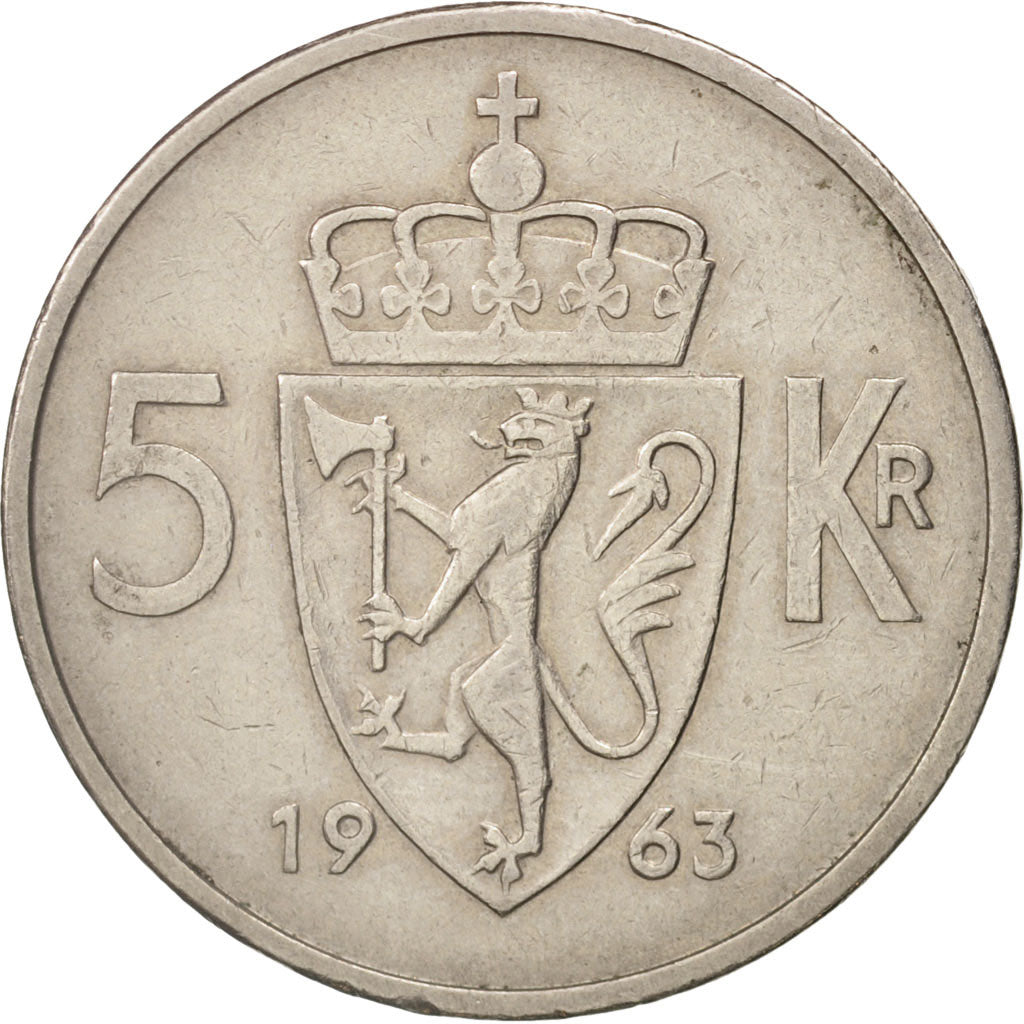 Norway, Olav V, 5 Kroner, 1963, VF(30-35), Copper-nickel, KM:412